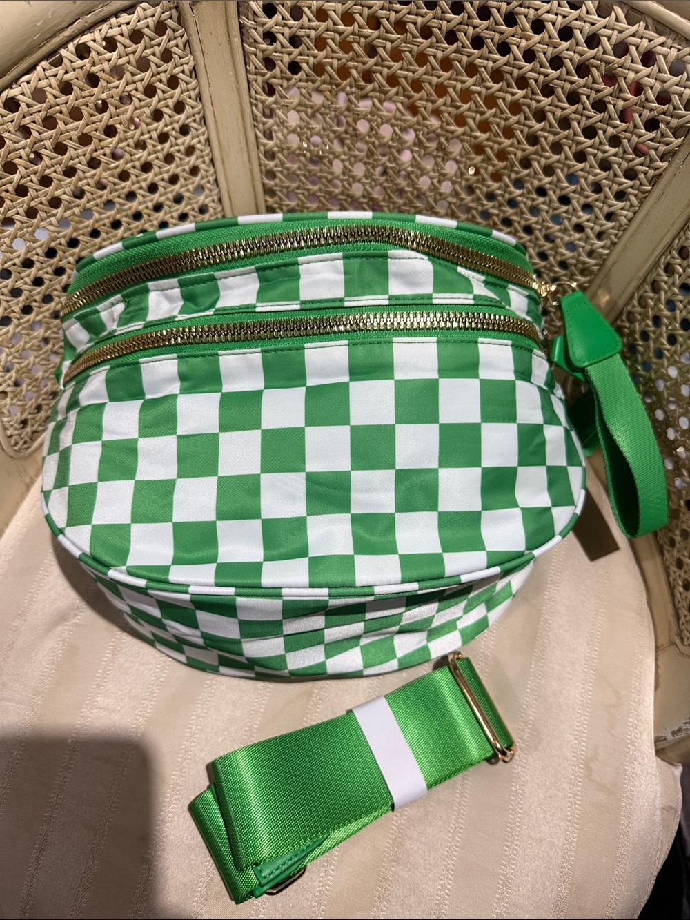 Bum Bag Green and White Checker Crossbody Bag with Adjustable Strap